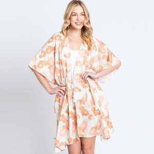 Bohemian Flower Print Self-Tie Drawstring Open Front Cover-Up Kimono Poncho